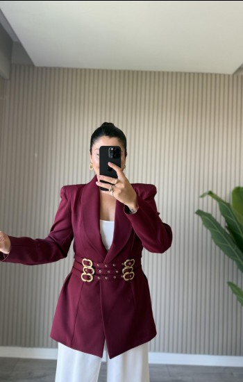 Vişne Kendinden Kemerli Ceket