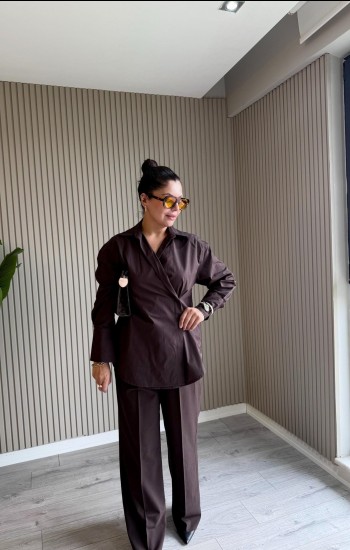 Kahverengi Tek Düğme Detaylı Poplin Gömlek