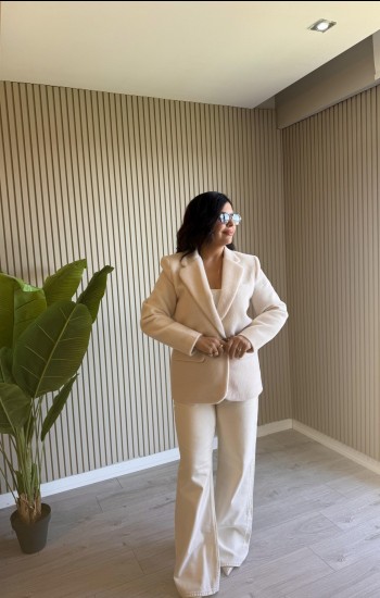 Krem Kürk Blazer Ceket