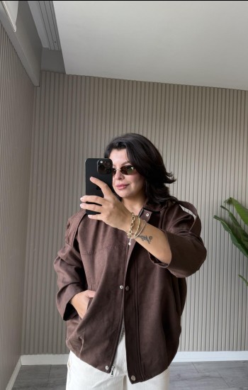 Süet Dokulu Kahverenk Bomber Ceket