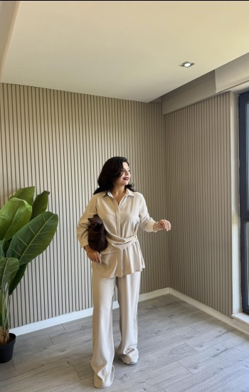 Taş Rengi Tek Düğme Detaylı Krep Takım